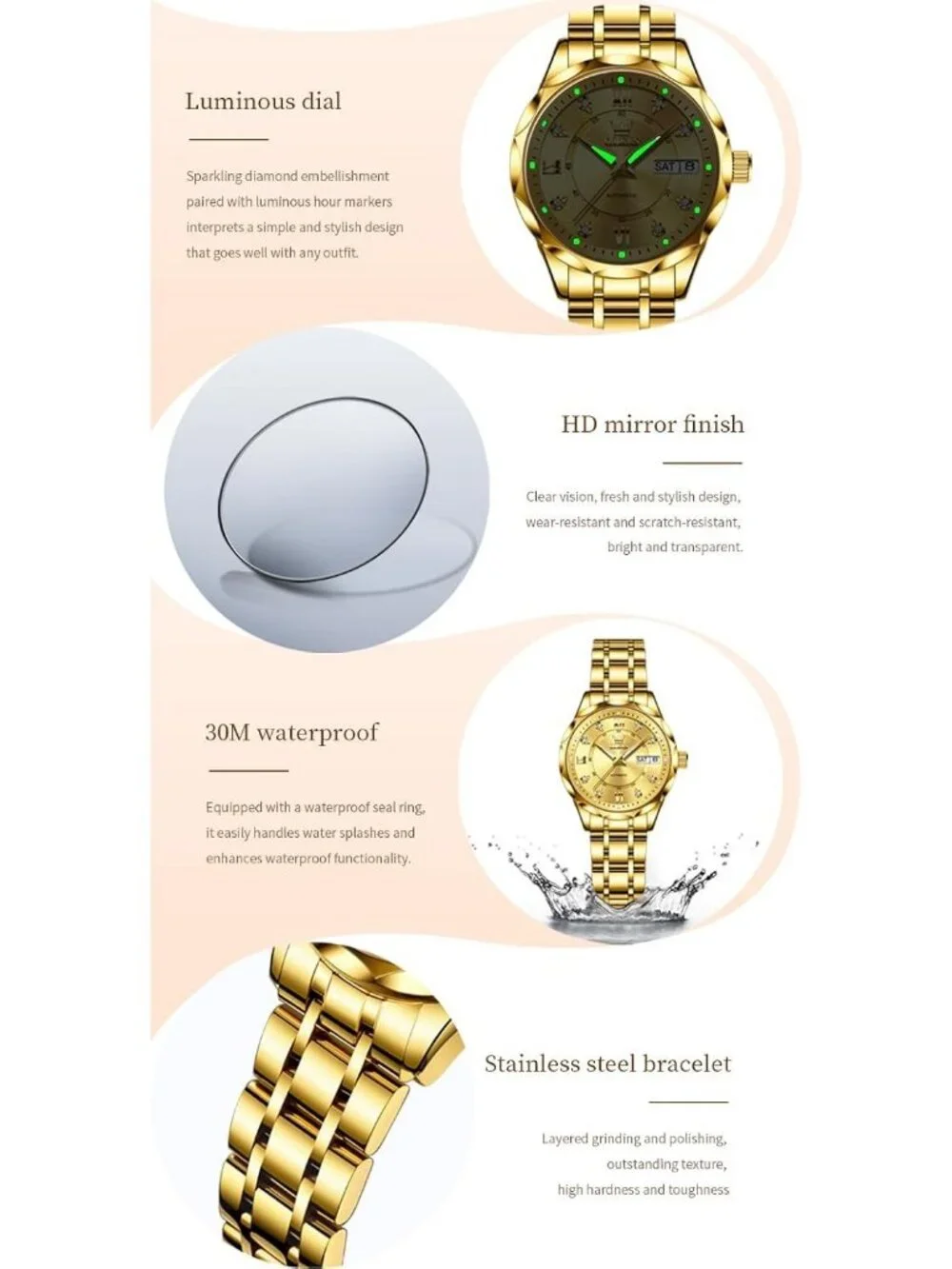 Women's Gold Automatic Diamond Luxury Mechanical Stainless Steel Wrist Watches